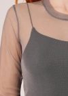 Transparan Gri Tül Basic Bluz