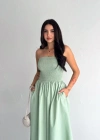 Straplez Pileli Elbise  Su Yeşili