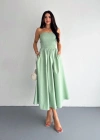 Straplez Pileli Elbise  Su Yeşili