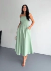 Straplez Pileli Elbise  Su Yeşili