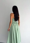 Straplez Pileli Elbise  Su Yeşili