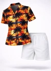 Tropikal Palmiye Desenli Gömlek Şort Takım Yazlık Rahat Kalıp  Desenli