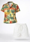 Tropikal Palmiye Desenli Kısa Kol Gömlek Şort Takım Yazlık Rahat  Desenli