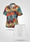 Tropikal Palmiye Desenli Kısa Kol Gömlek Şort Takım Yazlık Rahat Kalıp  Desenli