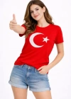 TShirt Kısa Kol Bisiklet Yaka Ay Yıldız Bayrak Baskılı Tişört  Kırmızı