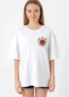 Türk Arma Baskılı Oversize Bisiklet Yaka Günlük Tshirt  Beyaz