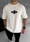Unisex Bisiklet Yaka Baskılı Double Oversize Thirt  Beyaz