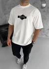 Unisex Bisiklet Yaka Baskılı Double Oversize Thirt  Beyaz