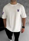 Unisex Bisiklet Yaka Baskılı Oversize Thirt  Beyaz