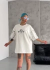 Unisex Bisiklet Yaka Baskılı Oversize Thirt  Beyaz