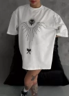 Unisex Bisiklet Yaka Baskılı Oversize Thirt  Beyaz