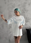 Unisex Bisiklet Yaka Baskılı Oversize Thirt  Beyaz