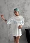 Unisex Bisiklet Yaka Baskılı Oversize Thirt  Beyaz