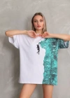 Unisex Bisiklet Yaka Baskılı Oversize Thirt  Beyaz