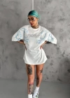 Unisex Bisiklet Yaka Baskılı Oversize Thirt  Beyaz
