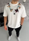 Unisex Bisiklet Yaka Baskılı Oversize Thirt  Beyaz