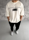 Unisex Bisiklet Yaka Baskılı Oversize Thirt  Beyaz