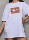 Unisex Bisiklet Yaka Baskılı Oversize Thirt  Beyaz