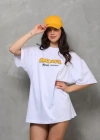 Unisex Bisiklet Yaka Baskılı Oversize Thirt  Beyaz