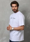 Unisex Bisiklet Yaka Baskılı Oversize Thirt  Beyaz