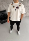 Unisex Bisiklet Yaka Baskılı Oversize Thirt  Beyaz