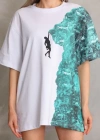 Unisex Bisiklet Yaka Baskılı Oversize Thirt  Beyaz