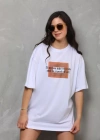Unisex Bisiklet Yaka Baskılı Oversize Thirt  Beyaz