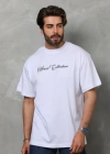 Unisex Bisiklet Yaka Baskılı Oversize Thirt  Beyaz