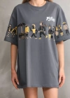 Unisex Bisiklet Yaka Baskılı Oversize Thirt  Gri
