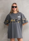 Unisex Bisiklet Yaka Baskılı Oversize Thirt  Gri