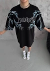 Unisex Bisiklet Yaka Baskılı Oversize Thirt  iyah