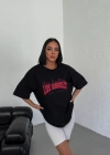 Unisex Bisiklet Yaka Baskılı Oversize Thirt  iyah