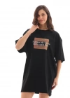 Unisex Bisiklet Yaka Baskılı Oversize Thirt  iyah