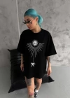 Unisex Bisiklet Yaka Baskılı Oversize Thirt  iyah