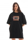 Unisex Bisiklet Yaka Baskılı Oversize Thirt  iyah