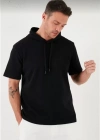 Unisex Kapşonlu Kısa Kol Düz Oversize Tshirt  iyah