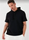 Unisex Kapşonlu Kısa Kol Düz Oversize Tshirt  iyah