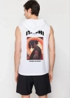 Unisex Kapşonlu Kolsuz Baskılı Oversize Tshirt  Beyaz