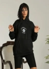 Unisex Kapüşonlu Üç İplik Oversize Baskılı weatshirt  iyah