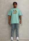 Unisex Oversize Baskılı Bisiklet Yaka TShirt  Mint Yeşili
