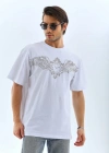 Unisex Oversize Taşlı Bisiklet Yaka Thirt  Beyaz
