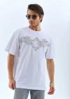 Unisex Oversize Taşlı Bisiklet Yaka Thirt  Beyaz