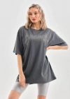 Unisex Taş Desenli Oversize Thirt  Füme
