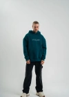 Unisex Üç İplik Kapşonlu Nakışlı weathirt  Koyu Deniz Yeşili