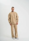 Unisex Uzun Kol Bisiklet Yaka Yıkamalı Eşofman Takım  Bej