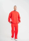 Unisex Uzun Kol Bisiklet Yaka Yıkamalı Eşofman Takım  Kırmızı