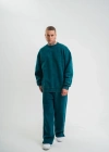 Unisex Uzun Kol Bisiklet Yaka Yıkamalı Eşofman Takım  Koyu Deniz Yeşili