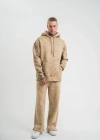 Unisex Uzun Kol Kapşonlu Yıkamalı Eşofman Takım  Bej