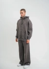 Unisex Uzun Kol Kapşonlu Yıkamalı Eşofman Takım  Füme