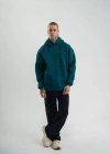 Unisex Uzun Kol Kapşonlu Yıkamalı Nakışlı weathirt  Koyu Deniz Yeşili